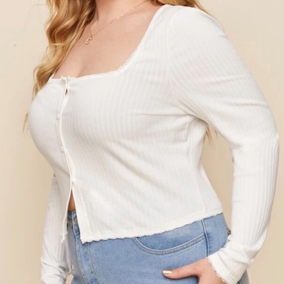 NWT|1X-3X| TCB| KEEP IT SIMPLE WHITE SCALLOPED SQUARE NECK BUTTONUP CARDIGAN|NEW - Picture 4 of 13